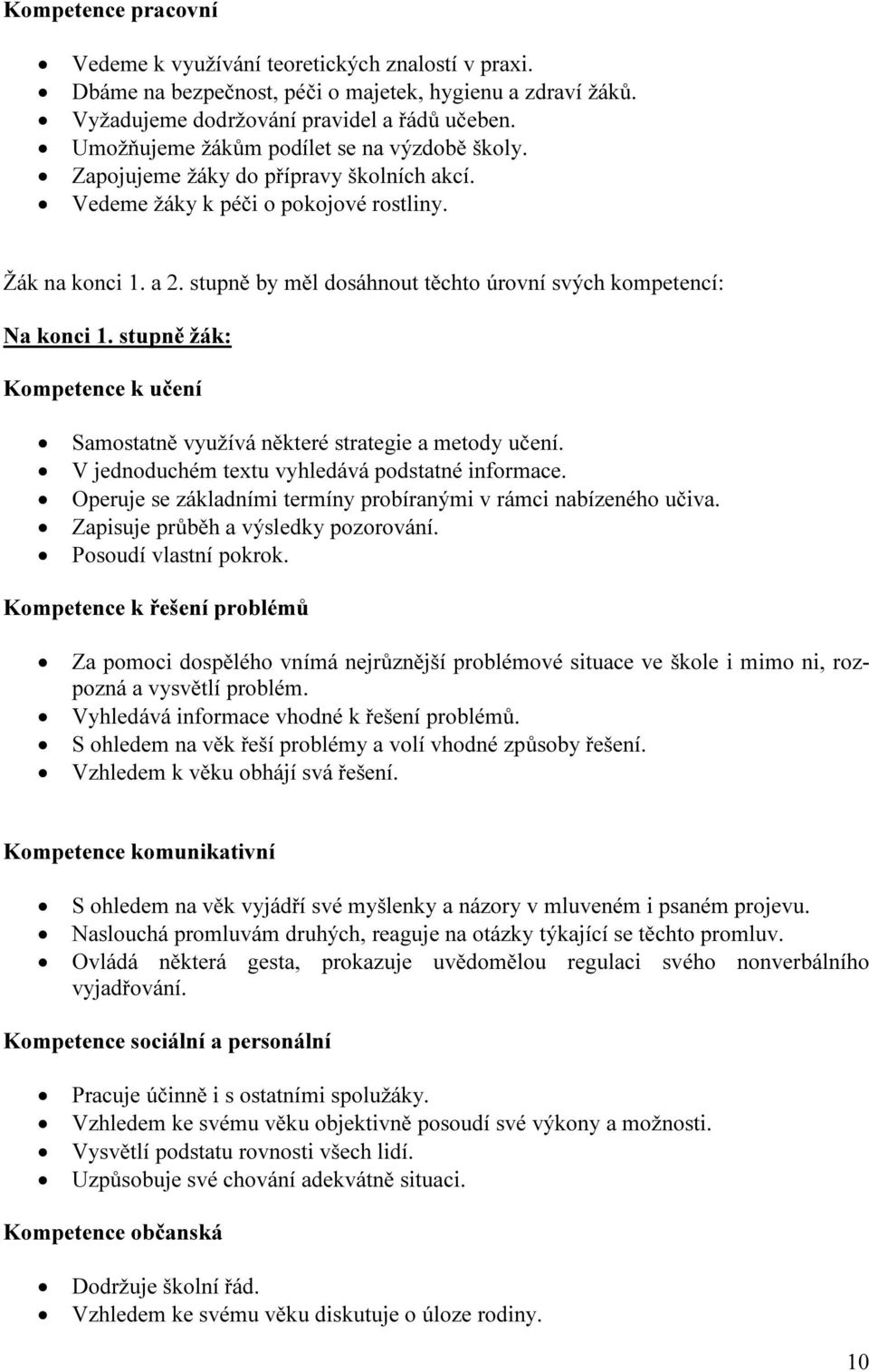 stupně by měl dosáhnout těchto úrovní svých kompetencí: Na konci 1. stupně žák: Kompetence k učení Samostatně využívá některé strategie a metody učení.
