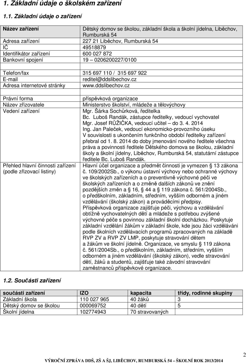 ddslibechov.cz Právní forma Název zřizovatele Vedení zařízení Přehled hlavní činnosti zařízení (podle zřizovací listiny) příspěvková organizace Ministerstvo školství, mládeže a tělovýchovy Mgr.