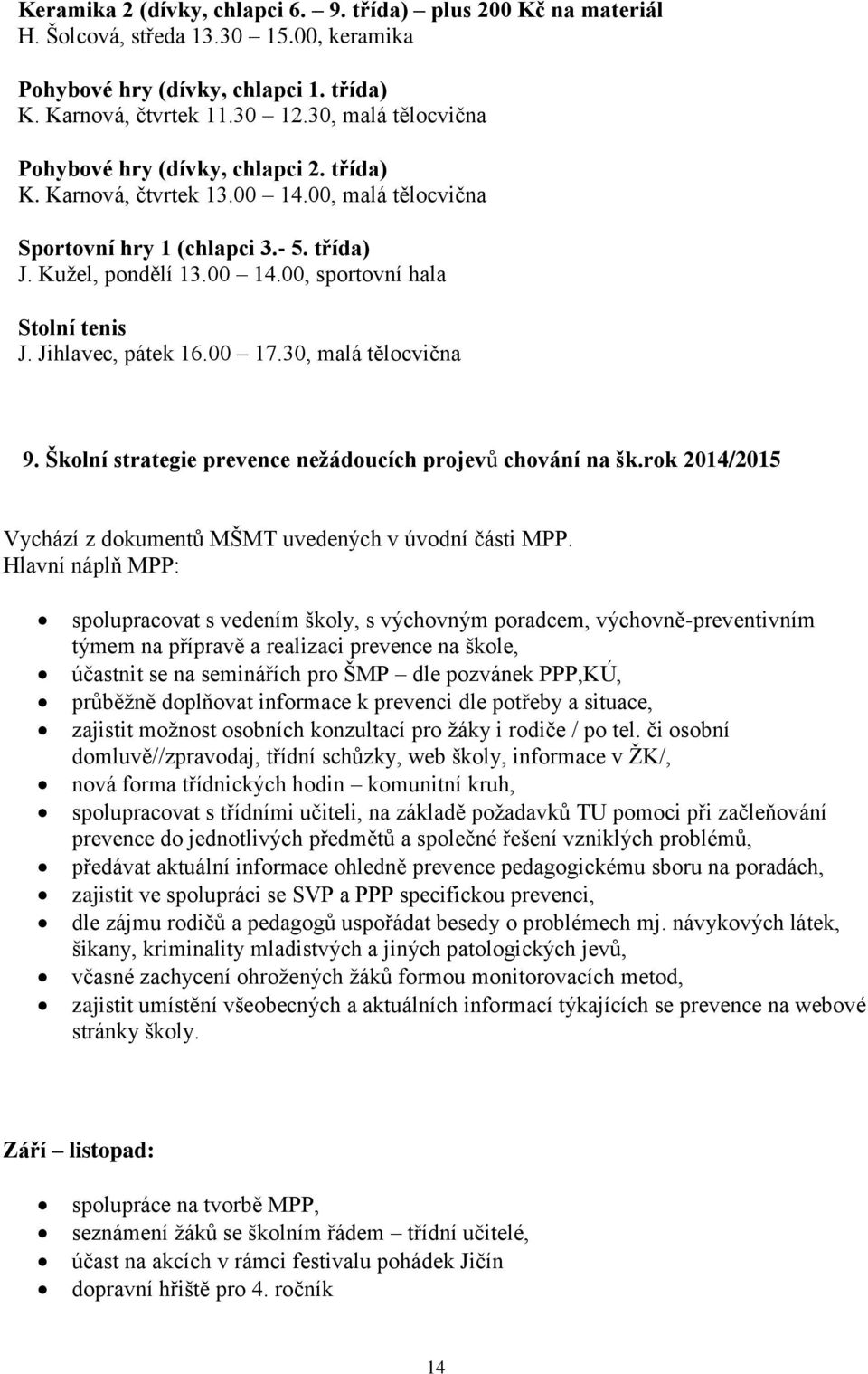 Jihlavec, pátek 16.00 17.30, malá tělocvična 9. Školní strategie prevence nežádoucích projevů chování na šk.rok 2014/2015 Vychází z dokumentů MŠMT uvedených v úvodní části MPP.