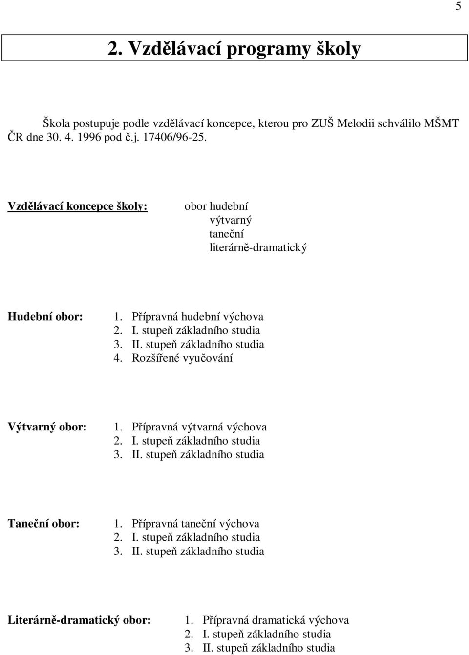 stupe základního studia 4. Rozšíené vyuování Výtvarný obor: 1. Pípravná výtvarná výchova 2. I. stupe základního studia 3. II. stupe základního studia Tanení obor: 1.