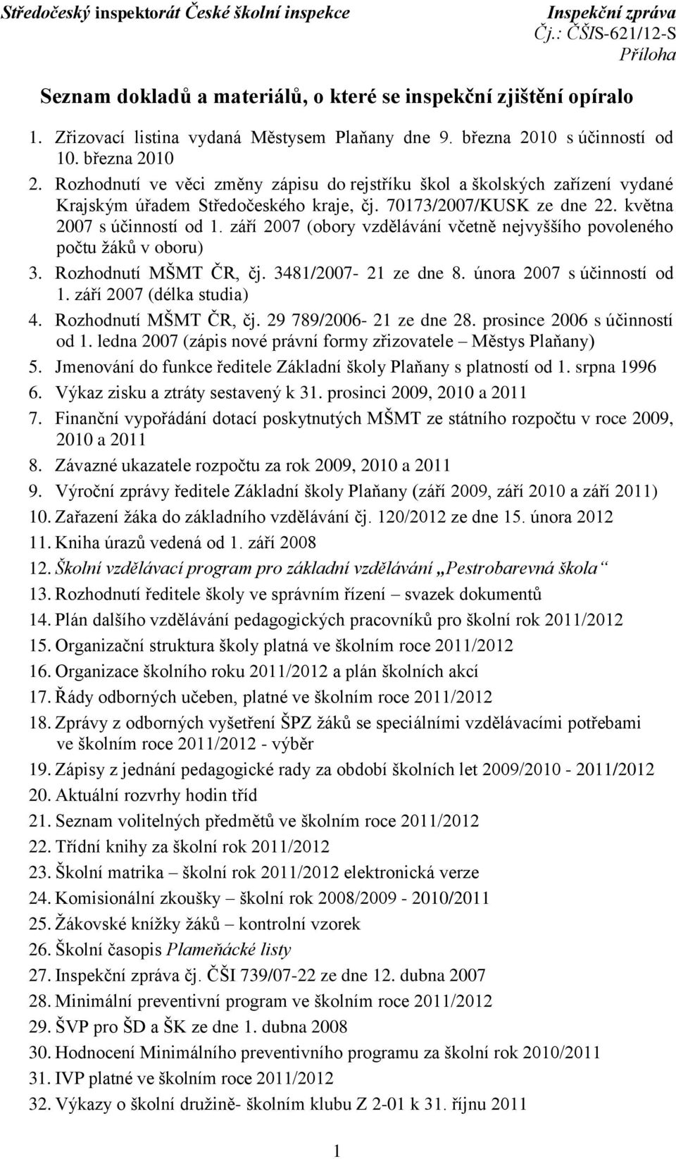 září 2007 (obory vzdělávání včetně nejvyššího povoleného počtu žáků v oboru) 3. Rozhodnutí MŠMT ČR, čj. 3481/2007-21 ze dne 8. února 2007 s účinností od 1. září 2007 (délka studia) 4.