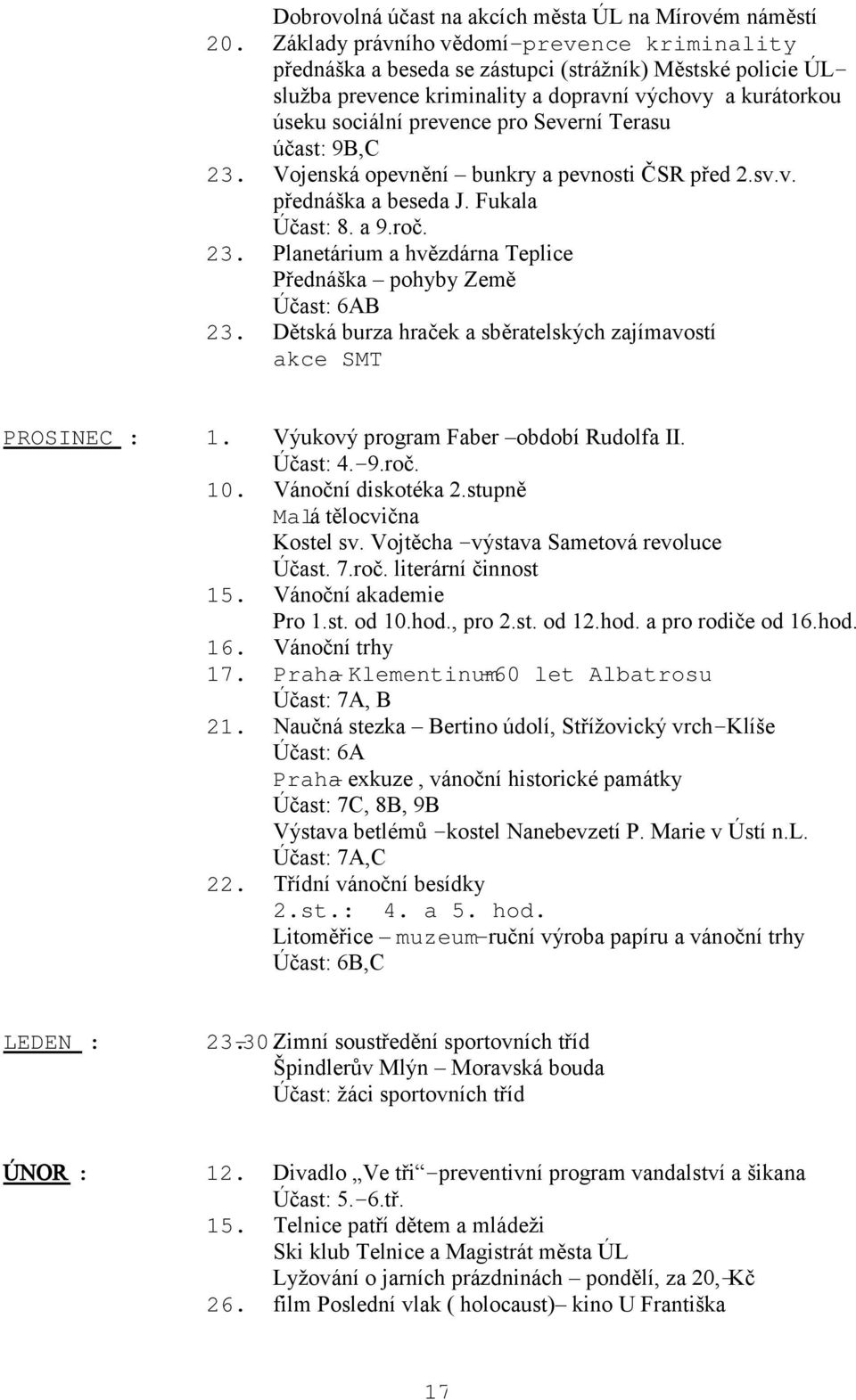 Planetárium a hvězdárna Teplice Přednáška pohyby Země Účast: 6AB Dětská burza hraček a sběratelských zajímavostí Výukový program Faber období Rudolfa II. Účast: 4. 9.roč. Vánoční diskotéka 2.