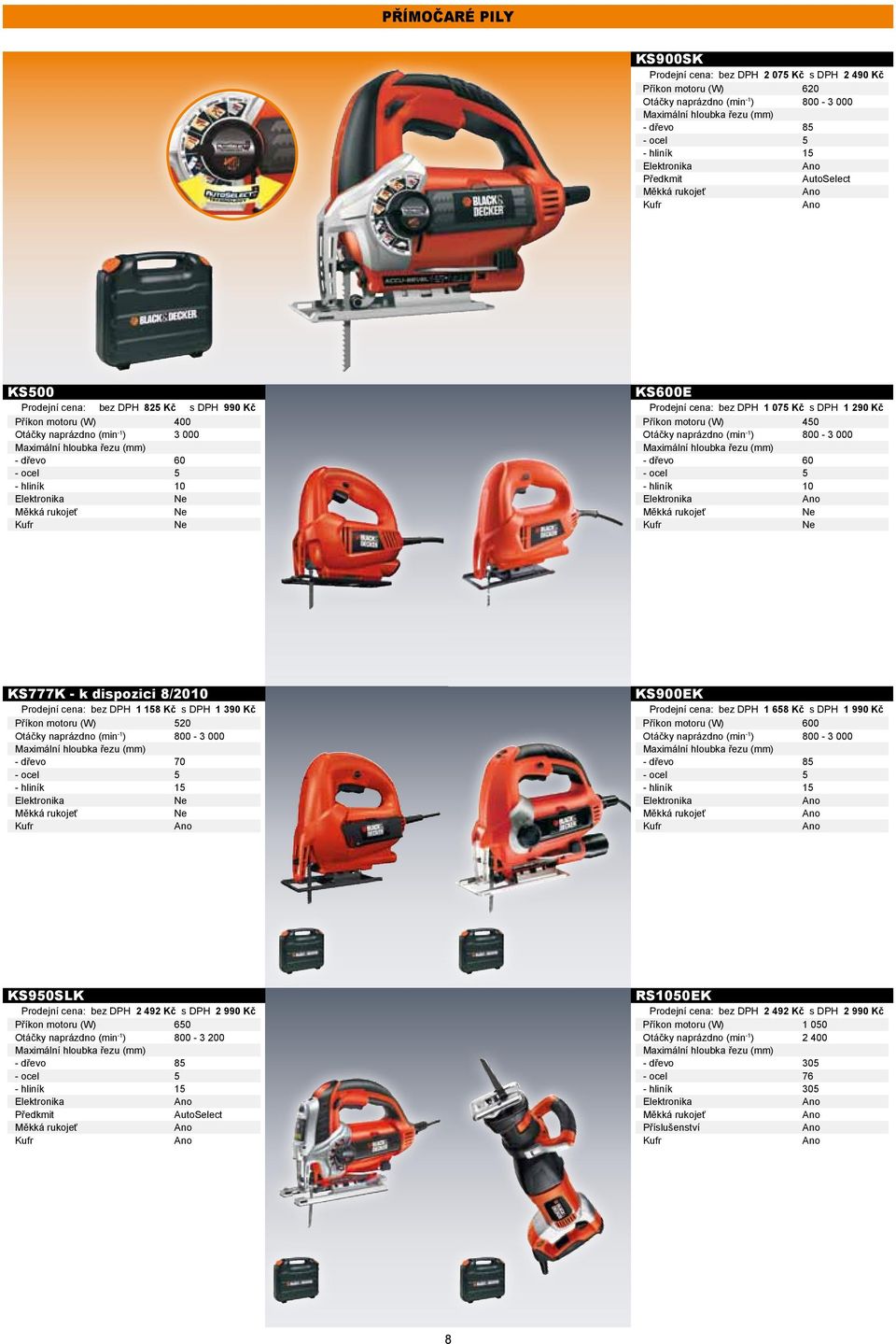 motoru (W) 450 Otáčky naprázdno (min -1 ) 800-3 000 Maximální hloubka řezu (mm) - dřevo 60 - ocel 5 - hliník 10 Elektronika KS777K - k dispozici 8/2010 : 1 158 Kč s DPH 1 390 Kč Příkon motoru (W) 520