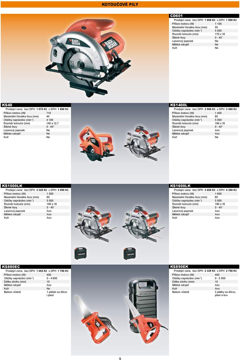 s DPH 3 490 Kč Příkon motoru (W) 1 400 Maximální hloubka řezu (mm) 65 Otáčky naprázdno (min -1 ) 5 000 Rozměr kotouče (mm) 190 x 16 Šikmé řezy 0-45 Laserový paprsek KS1500LK : 3 325 Kč s DPH 3 990 Kč