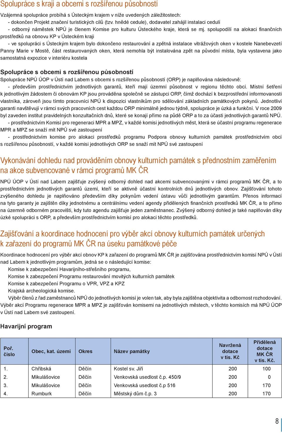 spolupodílí na alokaci finančních prostředků na obnovu KP v Ústeckém kraji - ve spolupráci s Ústeckým krajem bylo dokončeno restaurování a zpětná instalace vitrážových oken v kostele Nanebevzetí