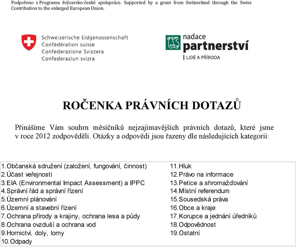 Občanská sdružení (založení, fungování, činnost) 2.Účast veřejnosti 3.EIA (Environmental Impact Assessment) a IPPC 4.Správní řád a správní řízení 5.Územní plánování 6.Územní a stavební řízení 7.