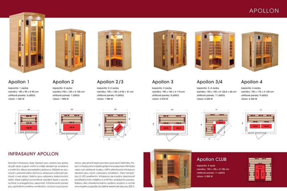 890 W výkon: 1 980 W výkon: 2 070 W výkon: 2 430 W výkon: 2 365 W INFRASAUNY APOLLON Domácí infrasauny řady Apollon jsou určeny pro jednu až pět osob a jejich vnitřní a vnější obložení je vyrobeno z