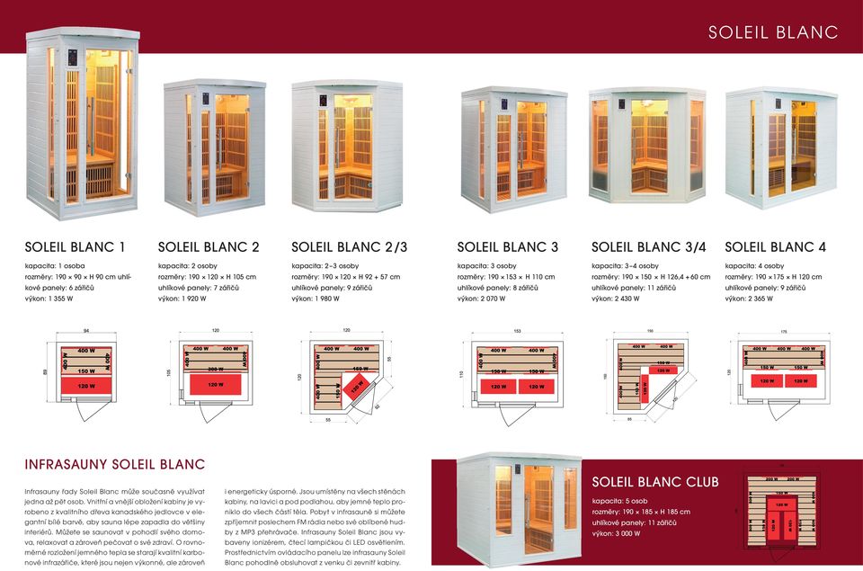 panely: 8 zářičů výkon: 1 355 W výkon: 1 920 W výkon: 1 980 W výkon: 2 070 W výkon: 2 430 W výkon: 2 365 W INFRASAUNY SOLEIL BLANC Infrasauny řady Soleil Blanc může současně využívat jedna až pět