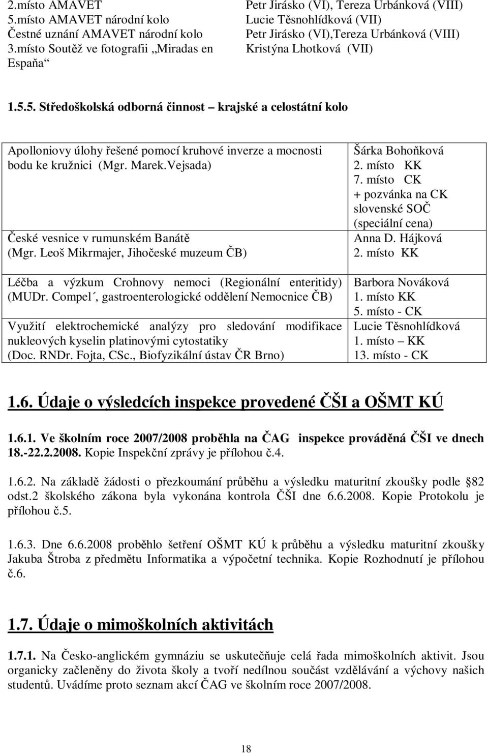 5. Stedoškolská odborná innost krajské a celostátní kolo Apolloniovy úlohy ešené pomocí kruhové inverze a mocnosti bodu ke kružnici (Mgr. Marek.Vejsada) eské vesnice v rumunském Banát (Mgr.