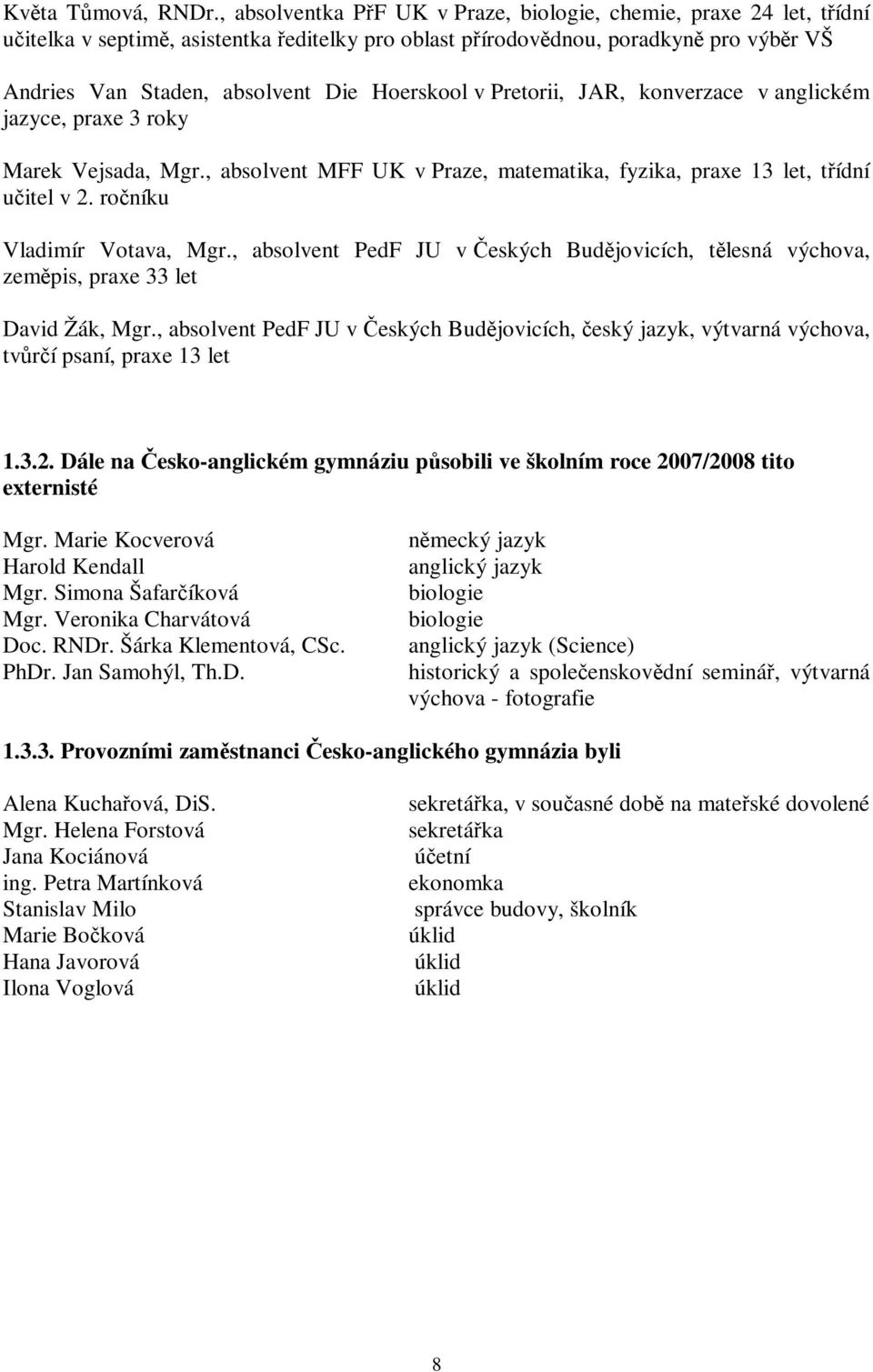 Pretorii, JAR, konverzace v anglickém jazyce, praxe 3 roky Marek Vejsada, Mgr., absolvent MFF UK v Praze, matematika, fyzika, praxe 13 let, tídní uitel v 2. roníku Vladimír Votava, Mgr.