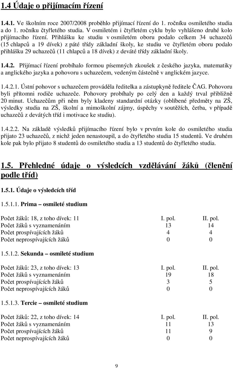 Pihlášku ke studiu v osmiletém oboru podalo celkem 34 uchaze (15 chlapc a 19 dívek) z páté tídy základní školy, ke studiu ve tyletém oboru podalo pihlášku 29 uchaze (11 chlapc a 18 dívek) z deváté