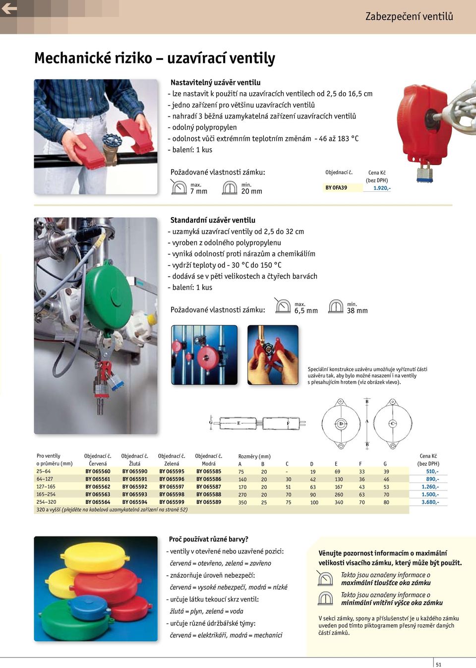 920,- Standardní uzávěr ventilu - uzamyká uzavírací ventily od 2,5 do 32 cm - vyroben z odolného polypropylenu - vyniká odolností proti nárazům a chemikáliím - vydrží teploty od - 30 C do 150 C -