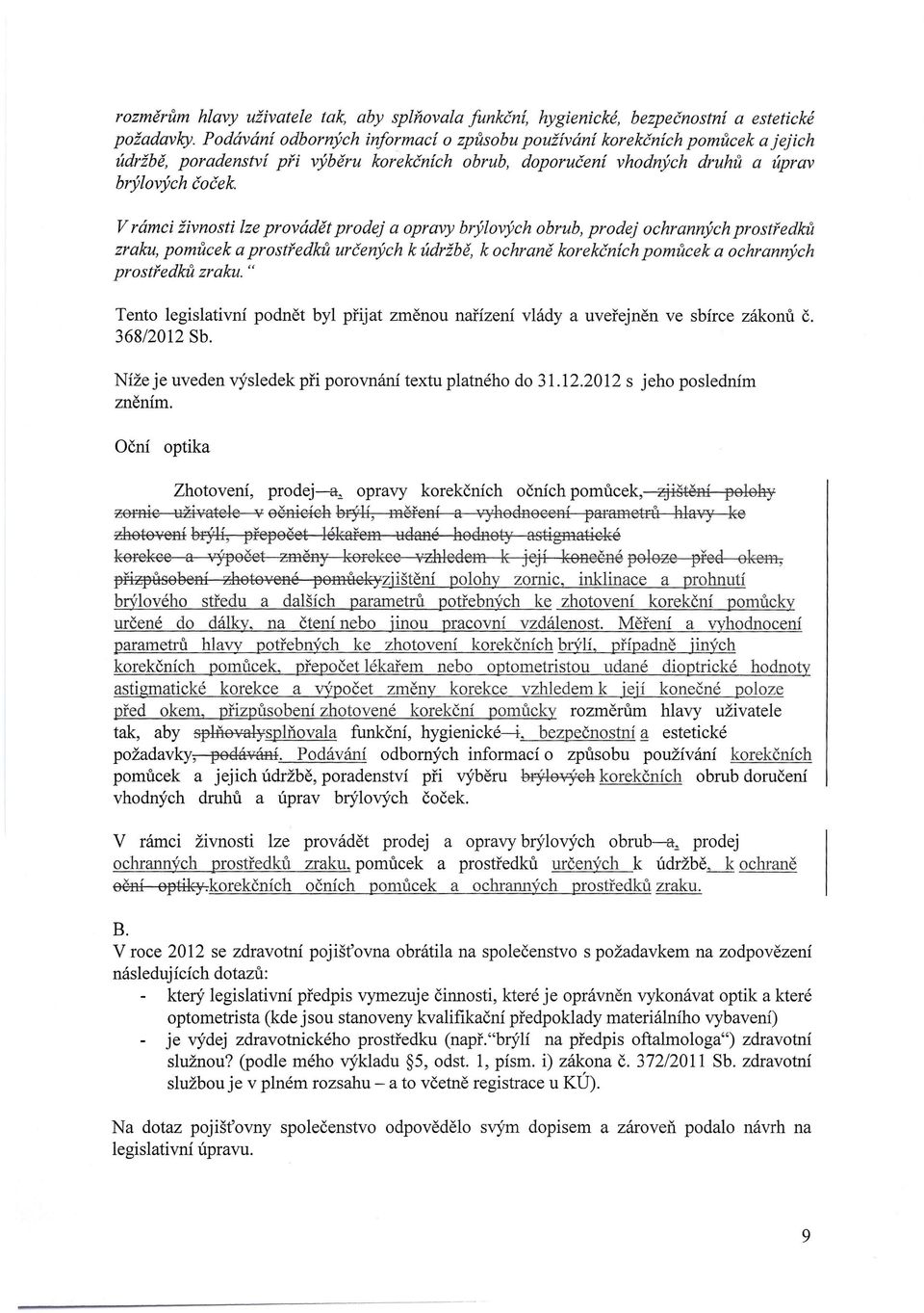 V rámci živnosti lze provádět prodej a opravy brýlových obrub, prodej ochranných prostředků zraku, pomůcek a prostředků určených k údržbě, k ochraně korekčních pomůcek a ochranných prostředků zraku.