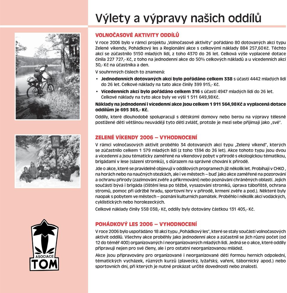 Celková výše vyplacené dotace činila 7 77,- Kč, z toho na jednodenní akce do % celkových nákladů a u vícedenních akcí,- Kč na účastníka a den.