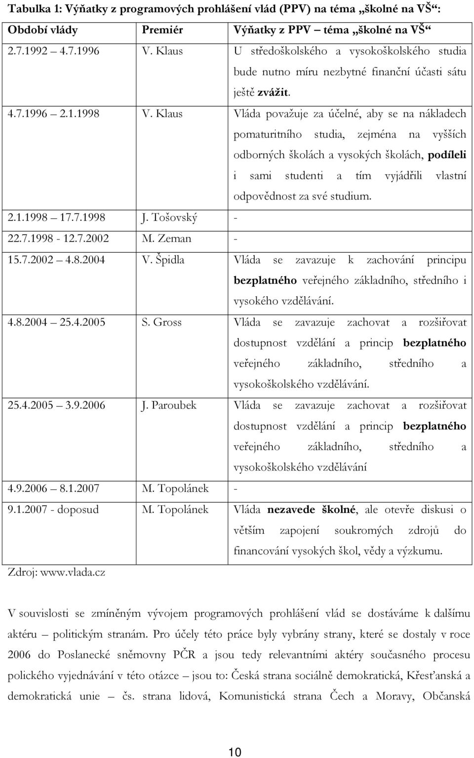 Klaus Vláda považuje za účelné, aby se na nákladech pomaturitního studia, zejména na vyšších odborných školách a vysokých školách, podíleli i sami studenti a tím vyjádřili vlastní odpovědnost za své