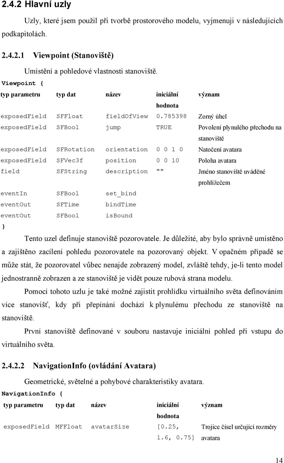 785398 Zorný úhel exposedfield SFBool jump TRUE Povolení plynulého přechodu na stanoviště exposedfield SFRotation orientation 0 0 1 0 Natočení avatara exposedfield SFVec3f position 0 0 10 Poloha