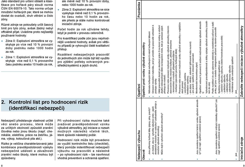 Uvádíme proto nejčastěji používané hodnoty: Zóna 0: Explozivní atmosféra se vyskytuje po více než 10 % provozní doby podniku nebo 1000 hodin za rok.