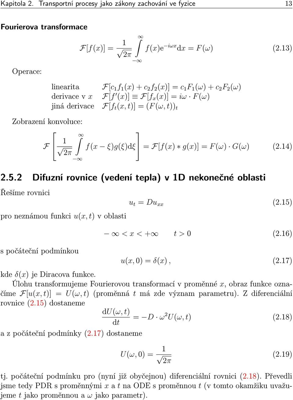 =F[f(x) g(x)]=f(ω) G(ω) (2.14) 2π 2.5.2 Difuzní rovnice(vedení tepla) v 1D nekonečné oblasti Řešíme rovnici pro neznámou funkci u(x, t) v oblasti s počáteční podmínkou u t = Du xx (2.