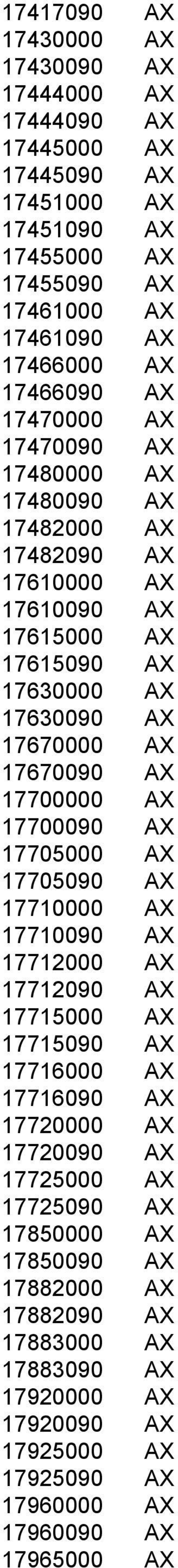 17670090 AX 17700000 AX 17700090 AX 17705000 AX 17705090 AX 17710000 AX 17710090 AX 17712000 AX 17712090 AX 17715000 AX 17715090 AX 17716000 AX 17716090 AX 17720000 AX