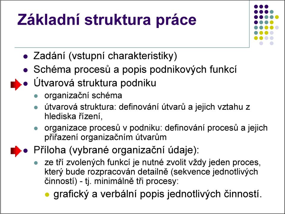 procesů a jejich přiřazení organizačním útvarům Příloha (vybrané organizační údaje): ze tří zvolených funkcí je nutné zvolit vždy jeden