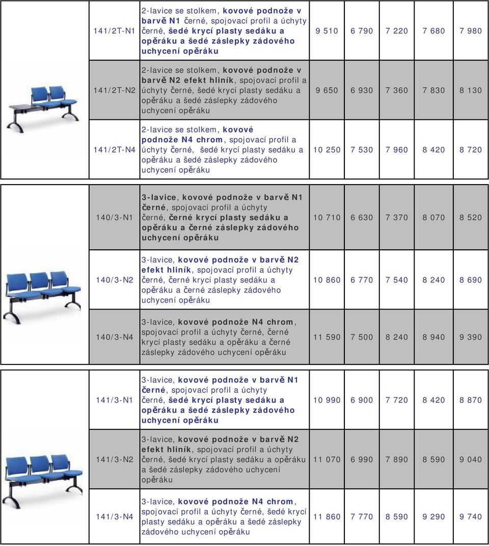 3-lavice, kovové podnože v barvě N2 10 860 6 770 7 540 8 240 8 690 140/3-N4 3-lavice, kovové podnože N4 chrom, spojovací profil a úchyty černé, černé krycí plasty sedáku a a černé záslepky zádového