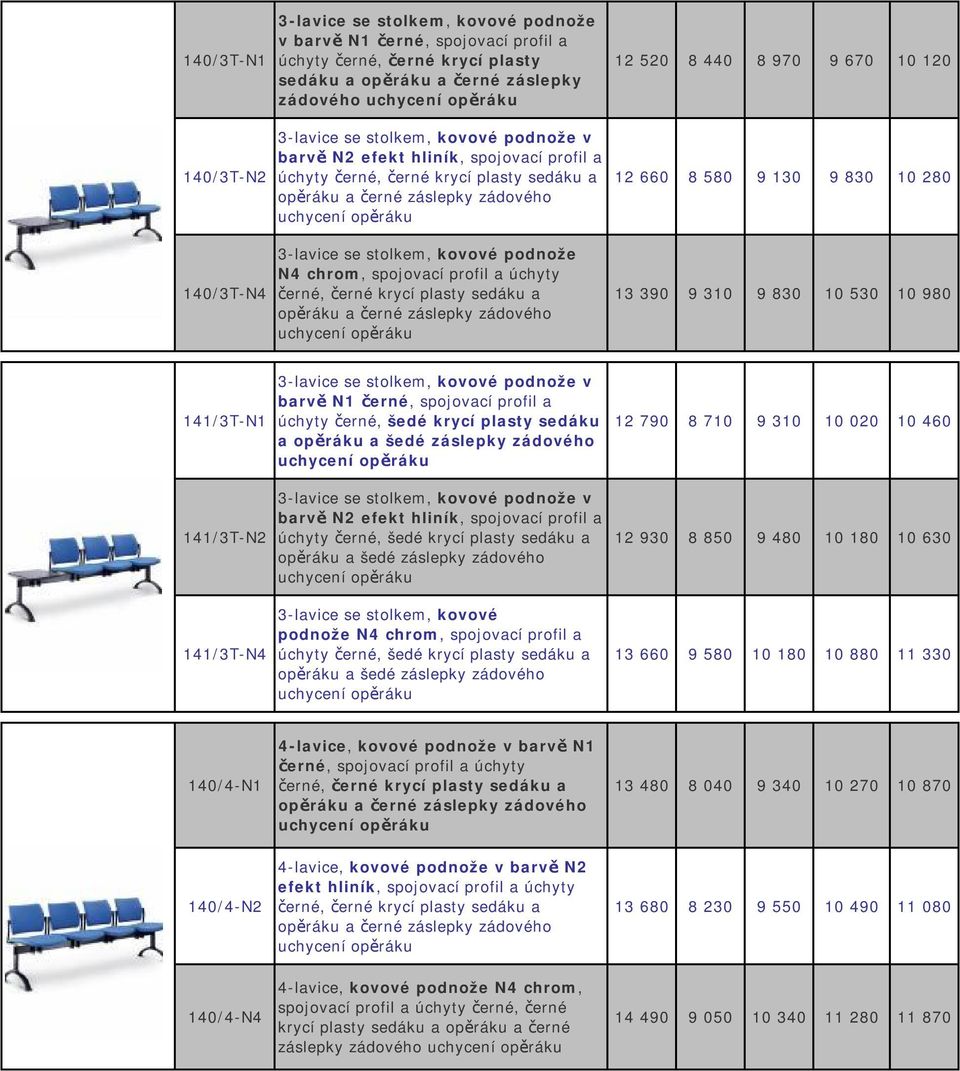 se stolkem, kovové podnože v barvě N1 černé, spojovací profil a úchyty černé, šedé krycí plasty sedáku a 3-lavice se stolkem, kovové podnože v 3-lavice se stolkem, kovové podnože N4 chrom, spojovací