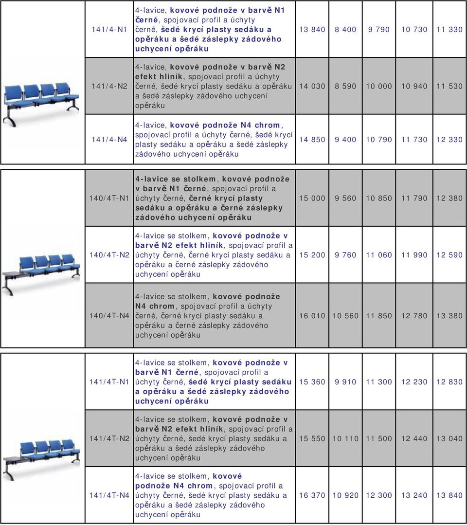 400 10 790 11 730 12 330 140/4T-N1 140/4T-N2 4-lavice se stolkem, kovové podnože v barvě N1 černé, spojovací profil a úchyty černé, černé krycí plasty zádového 4-lavice se stolkem, kovové podnože v