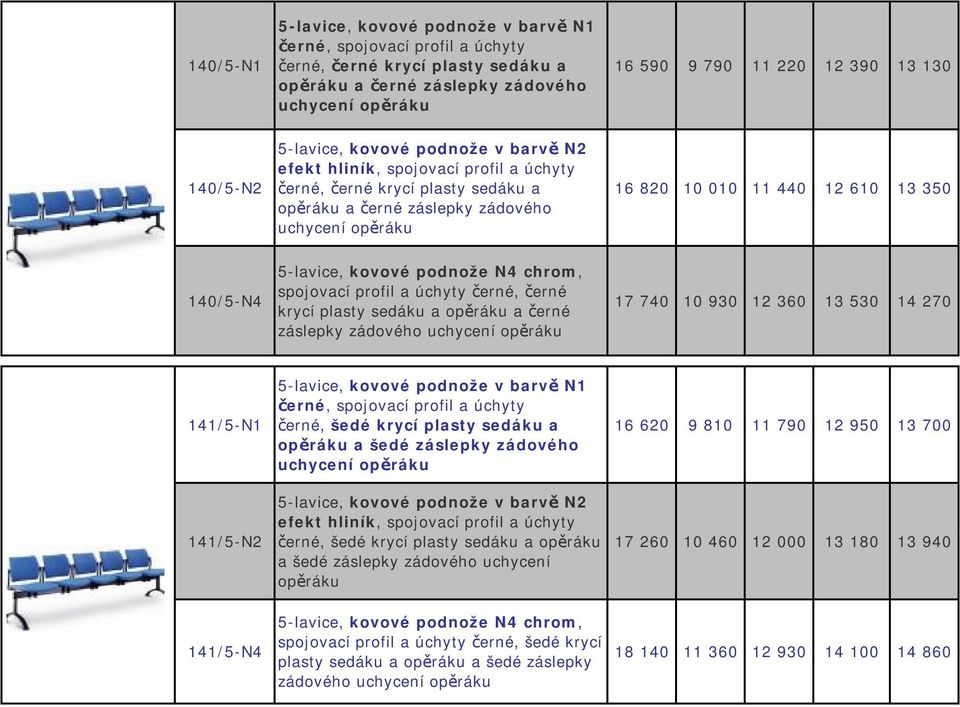 barvě N1 černé, šedé krycí plasty sedáku a 5-lavice, kovové podnože v barvě N2 černé, šedé krycí plasty sedáku a a šedé záslepky zádového uchycení 16 620 9 810 11 790 12 950 13 700 17 260