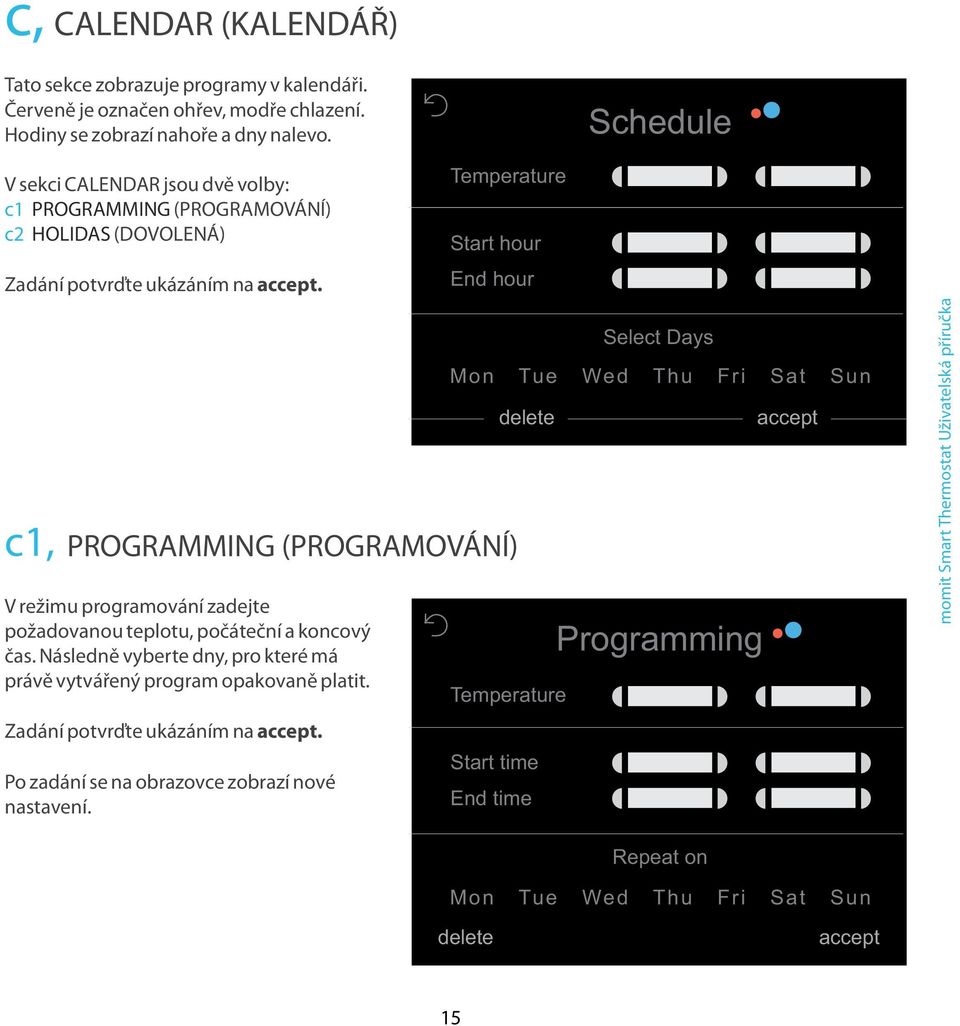 c1, PROGRAMMING (PROGRAMOVÁNÍ) V režimu programování zadejte požadovanou teplotu, počáteční a koncový čas.