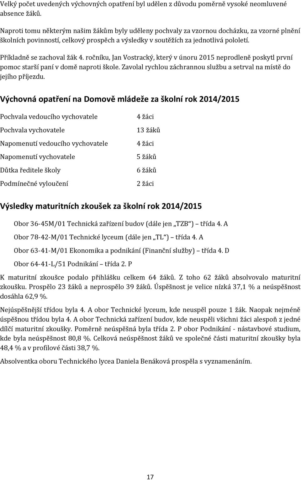 Příkladně se zachoval žák 4. ročníku, Jan Vostracký, který v únoru 2015 neprodleně poskytl první pomoc starší paní v domě naproti škole.