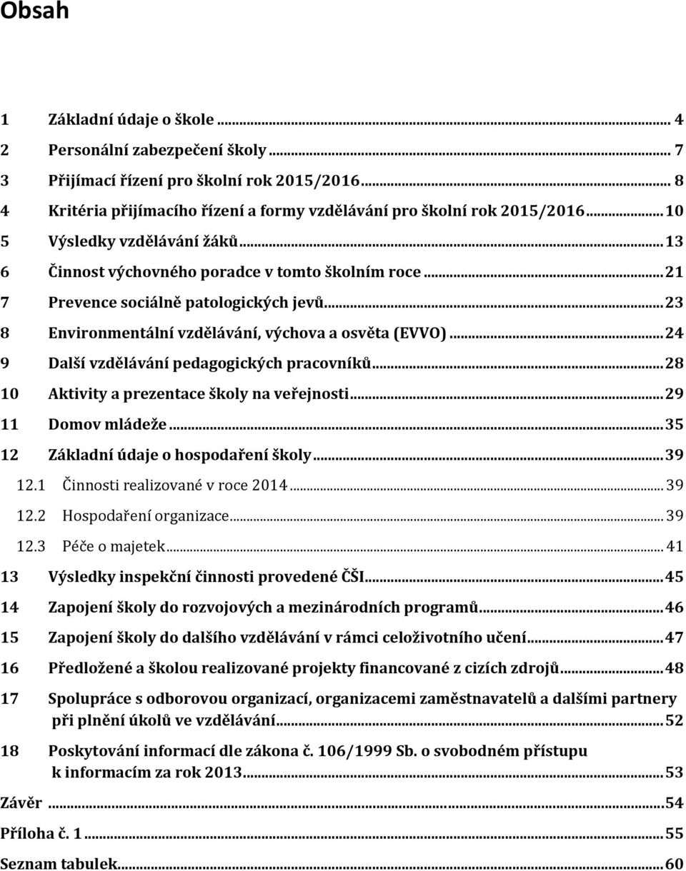 .. 24 9 Další vzdělávání pedagogických pracovníků... 28 10 Aktivity a prezentace školy na veřejnosti... 29 11 Domov mládeže... 35 12 Základní údaje o hospodaření školy... 39 12.