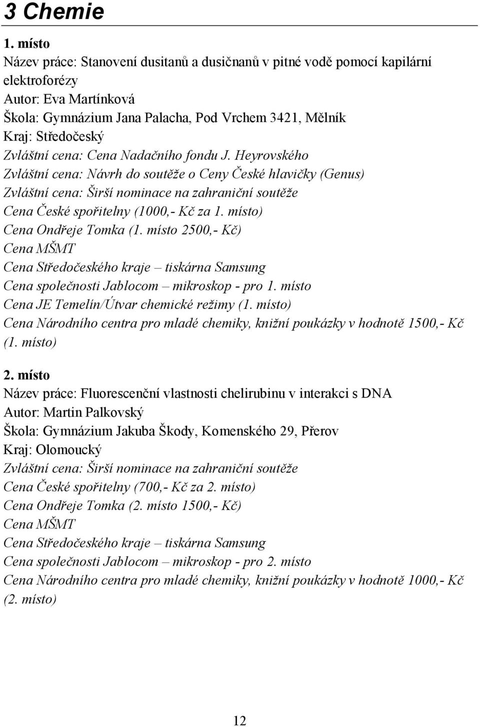 cena: Cena Nadačního fondu J. Heyrovského Zvláštní cena: Návrh do soutěže o Ceny České hlavičky (Genus) Zvláštní cena: Širší nominace na zahraniční soutěže Cena České spořitelny (1000,- Kč za 1.