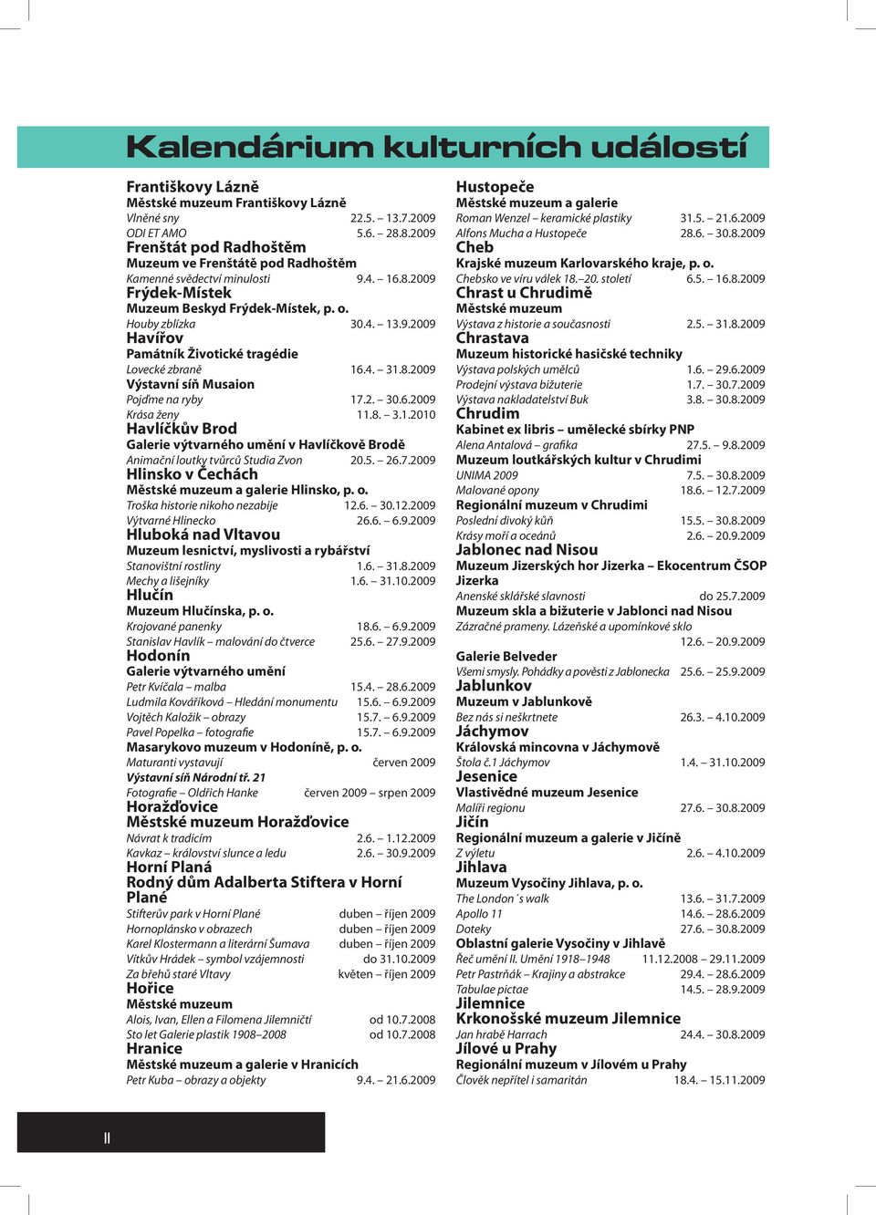 4. 31.8.2009 Výstavní síň Musaion Pojďme na ryby 17.2. 30.6.2009 Krása ženy 11.8. 3.1.2010 Havlíčkův Brod Galerie výtvarného umění v Havlíčkově Brodě Animační loutky tvůrců Studia Zvon 20.5. 26.7.2009 Hlinsko v Čechách Městské muzeum a galerie Hlinsko, p.