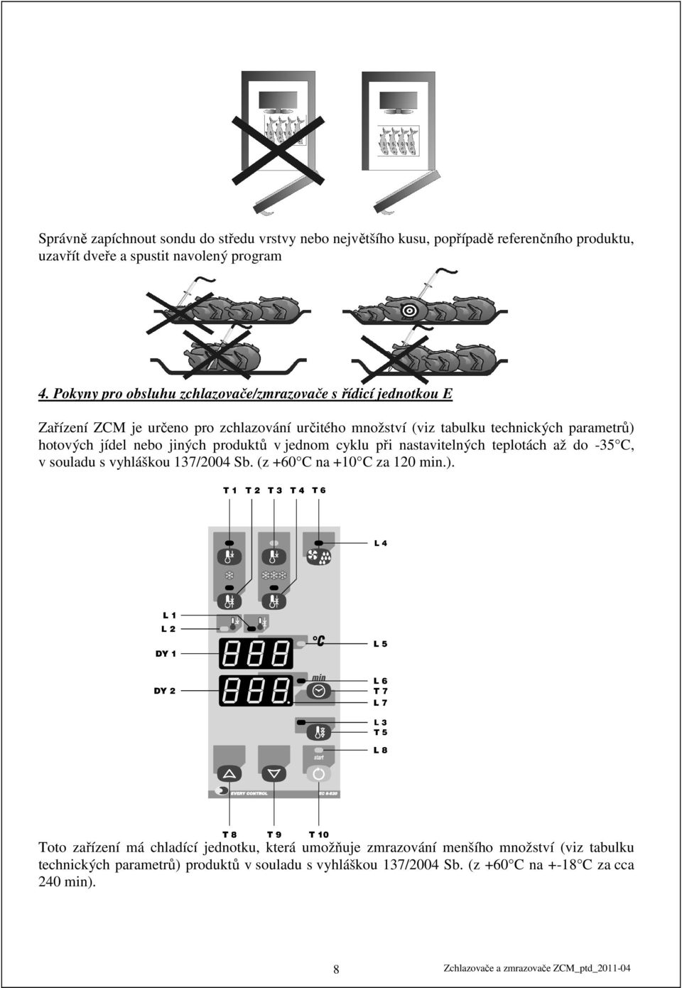 hotových jídel nebo jiných produktů v jednom cyklu při nastavitelných teplotách až do -35 C, v souladu s vyhláškou 137/2004 Sb. (z +60 C na +10 C za 120 min.).