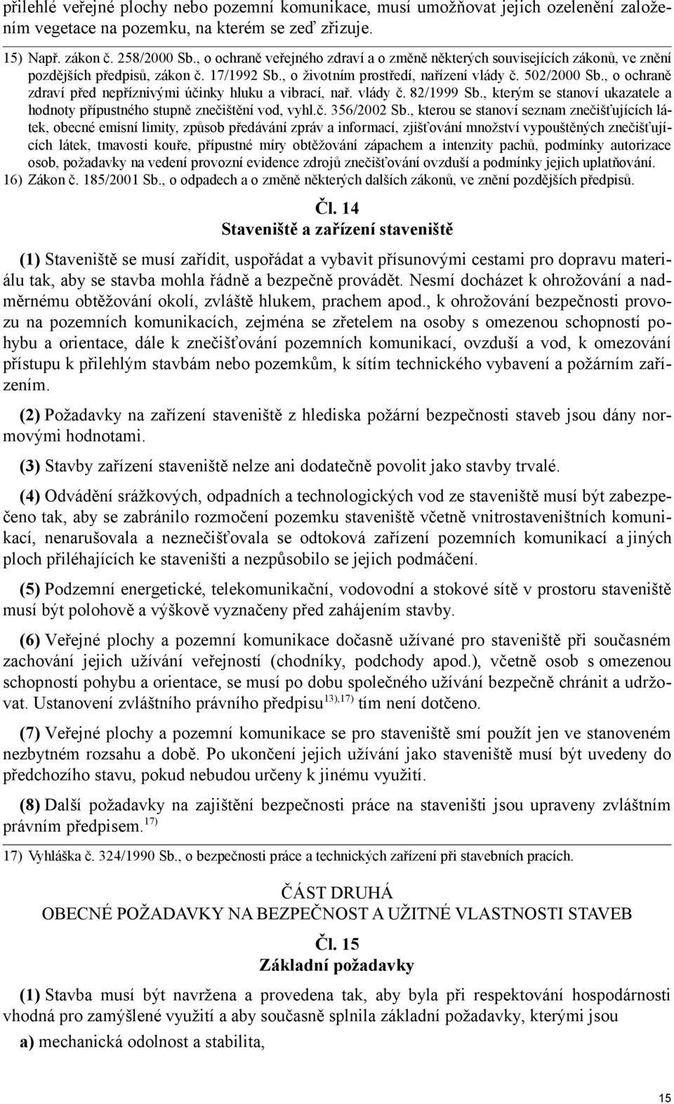 , o ochraně zdraví před nepříznivými účinky hluku a vibrací, nař. vlády č. 82/1999 Sb., kterým se stanoví ukazatele a hodnoty přípustného stupně znečištění vod, vyhl.č. 356/2002 Sb.