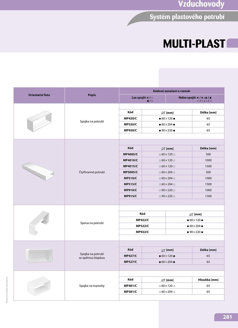 Kód [mm] Spona na potrubí MP422/C MP522/C MP922/C 60 120 60 204 90 220 Spojka na potrubí se zpětnou klapkou MP427/C 60 120 65