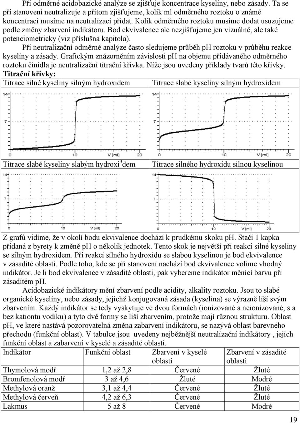 Kolik odměrného roztoku musíme dodat usuzujeme podle změny zbarvení indikátoru. Bod ekvivalence ale nezjišťujeme jen vizuálně, ale také potenciometricky (viz příslušná kapitola).