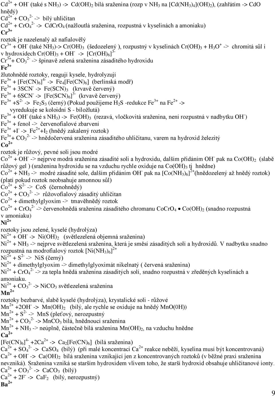 v hydroxidech Cr(OH) 3 + OH - -> [Cr(OH) 6 ] 3- Cr 3+ + CO 3 2- -> špinavě zelená sraženina zásaditého hydroxidu Fe 3+ žlutohnědé roztoky, reagují kysele, hydrolyzují Fe 3+ + [Fe(CN) 6 ] 4- -> Fe 4