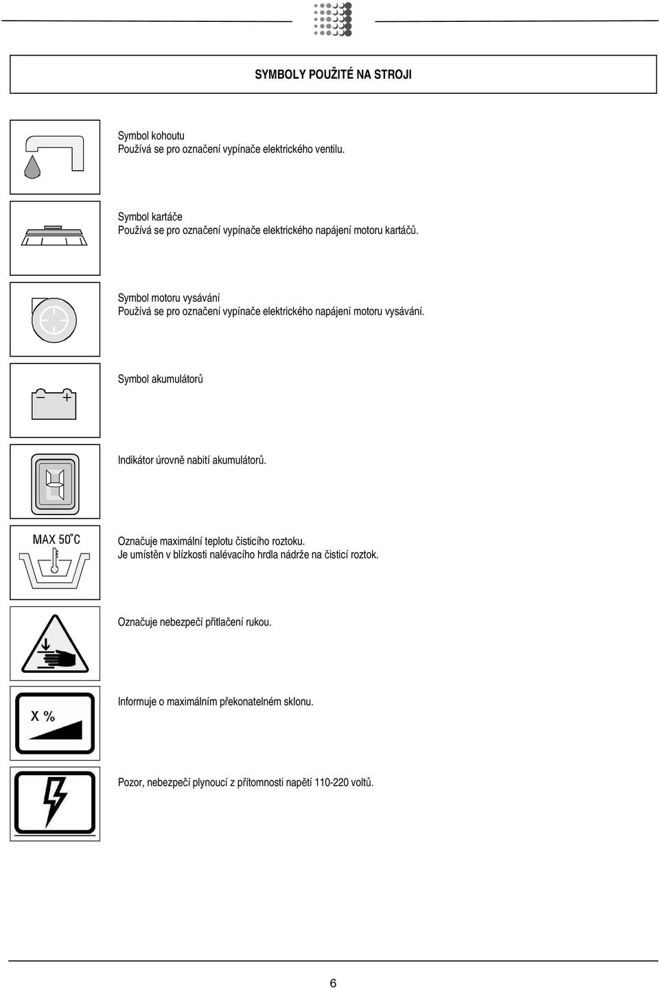 Symbol motoru vysávání Používá se pro označení vypínače elektrického napájení motoru vysávání.