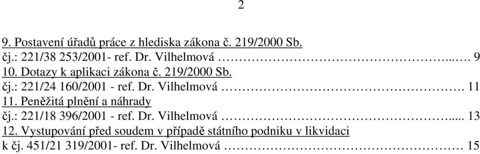 Vilhelmová. 11 11. Peněžitá plnění a náhrady čj.: 221/18 396/2001 - ref. Dr. Vilhelmová... 13 12.