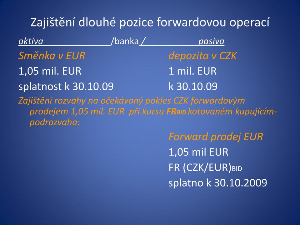 09 k 30.10.09 Zajištění rozvahy na očekávaný pokles CZK forwardovým prodejem 1,05 mil.