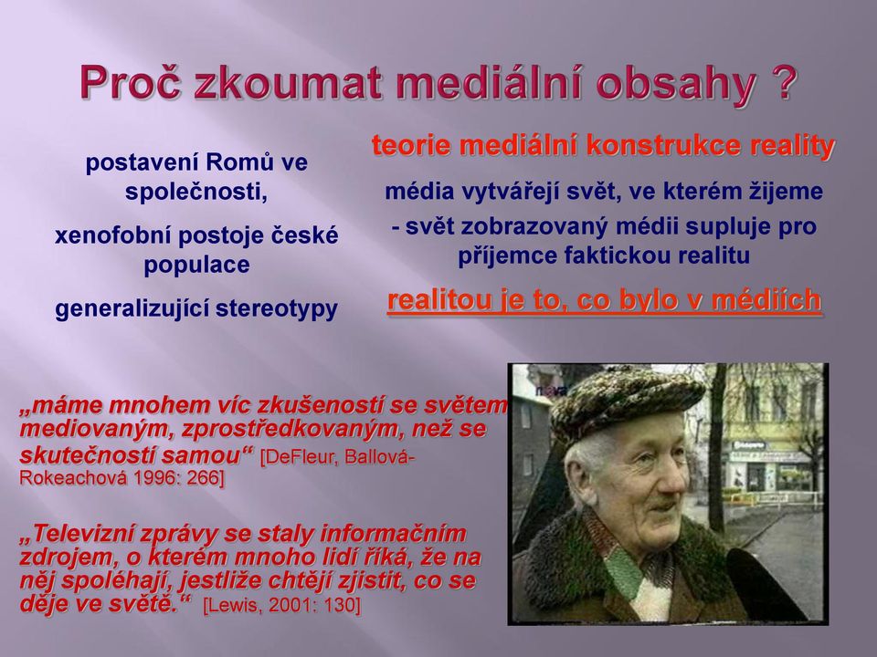 mnohem víc zkušeností se světem mediovaným, zprostředkovaným, než se skutečností samou [DeFleur, Ballová- Rokeachová 1996: 266] Televizní