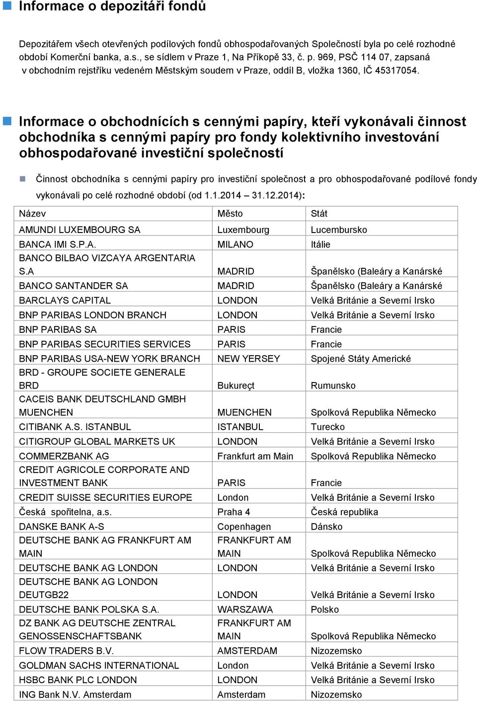 papíry pro investiční společnost a pro obhospodařované podílové fondy vykonávali po celé rozhodné období (od 1.1.2014 31.12.