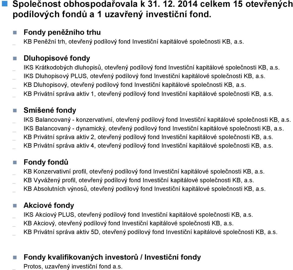 s. IKS Dluhopisový PLUS, otevřený podílový fond Investiční kapitálové společnosti KB, a.s. KB Dluhopisový, otevřený podílový fond Investiční kapitálové společnosti KB, a.s. KB Privátní správa aktiv 1, otevřený podílový fond Investiční kapitálové společnosti KB, a.