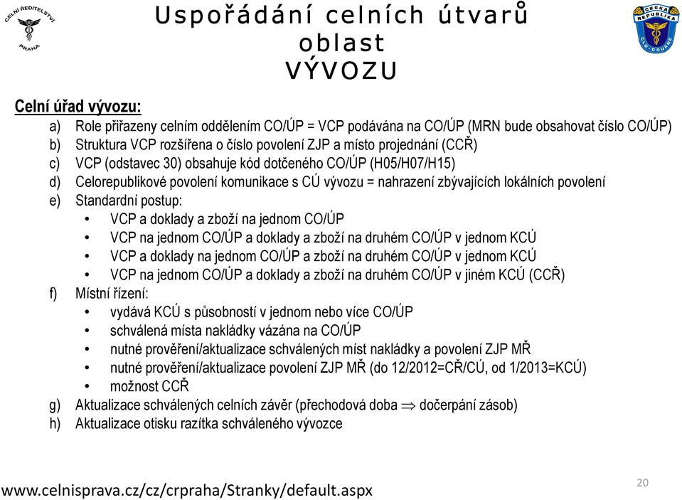 Standardní postup: VCP a doklady a zboží na jednom CO/ÚP VCP na jednom CO/ÚP a doklady a zboží na druhém CO/ÚP v jednom KCÚ VCP a doklady na jednom CO/ÚP a zboží na druhém CO/ÚP v jednom KCÚ VCP na