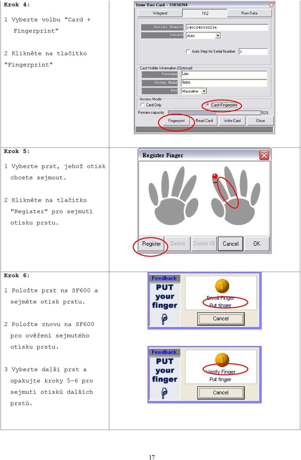 2 Klikněte na tlačítko "Register" pro sejmutí otisku prstu.