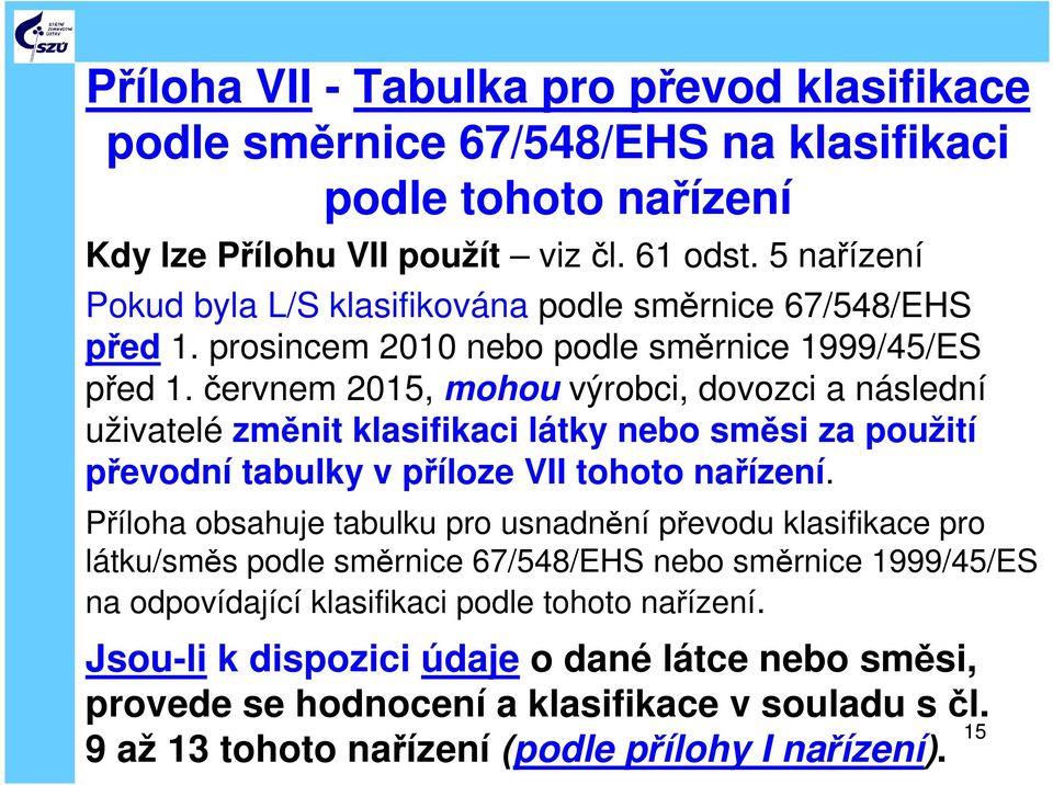 červnem 2015, mohou výrobci, dovozci a následní uživatelé změnit klasifikaci látky nebo směsi za použití převodní tabulky v příloze VII tohoto nařízení.