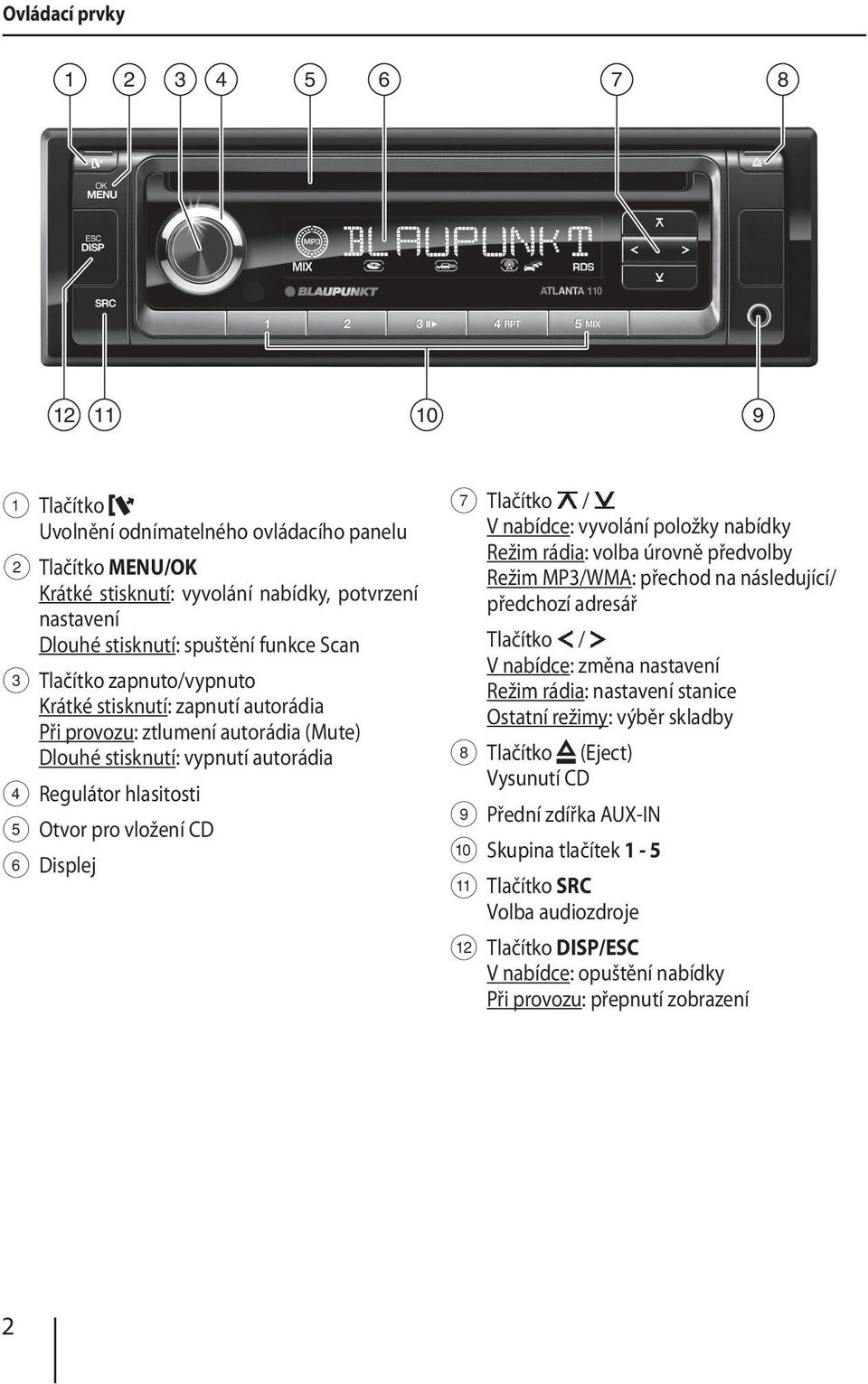 Displej 7 Tlačítko / V nabídce: vyvolání položky nabídky Režim rádia: volba úrovně předvolby Režim MP3/WMA: přechod na následující/ předchozí adresář Tlačítko / V nabídce: změna nastavení Režim