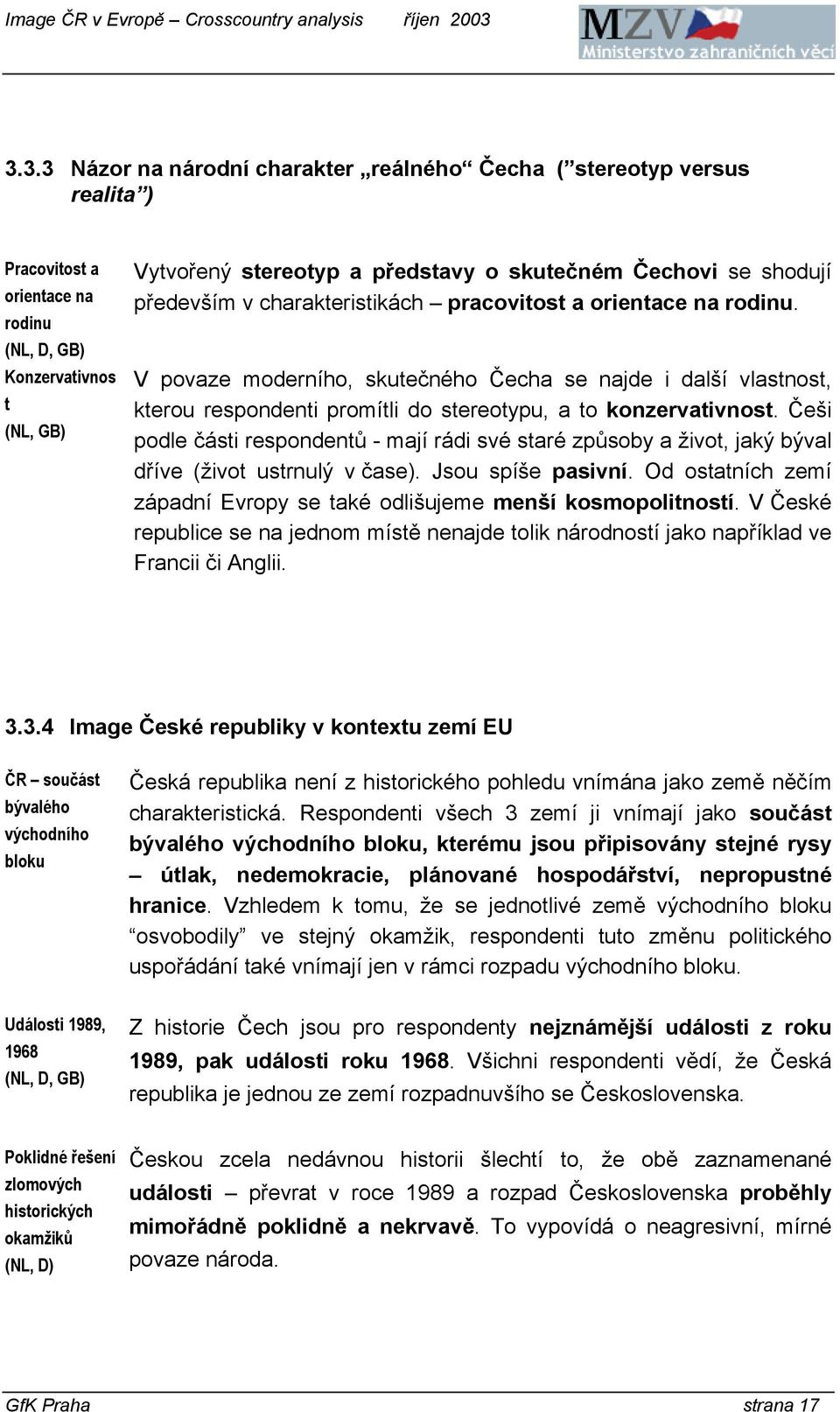 Češi podle části respondentů - mají rádi své staré způsoby a život, jaký býval dříve (život ustrnulý v čase). Jsou spíše pasivní.