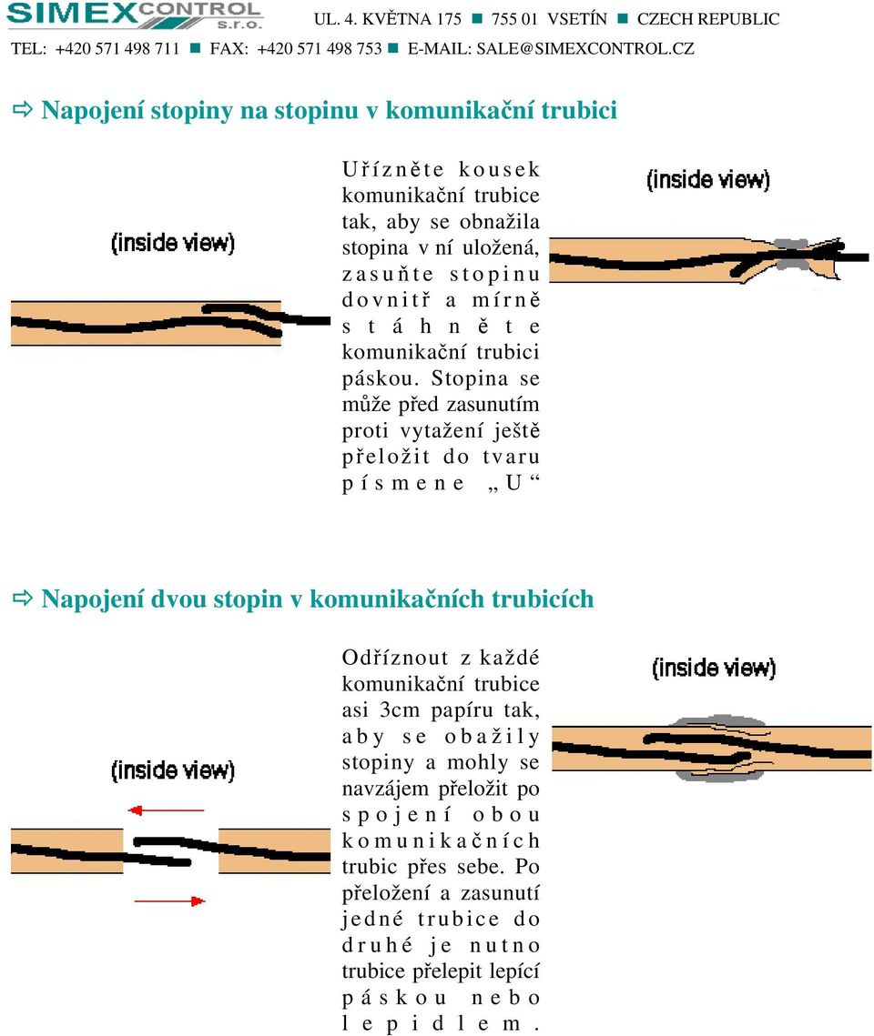 Stopina se může před zasunutím proti vytažení ještě přeložit do tvaru p í s m e n e U Napojení dvou stopin v komunikačních trubicích Odříznout z